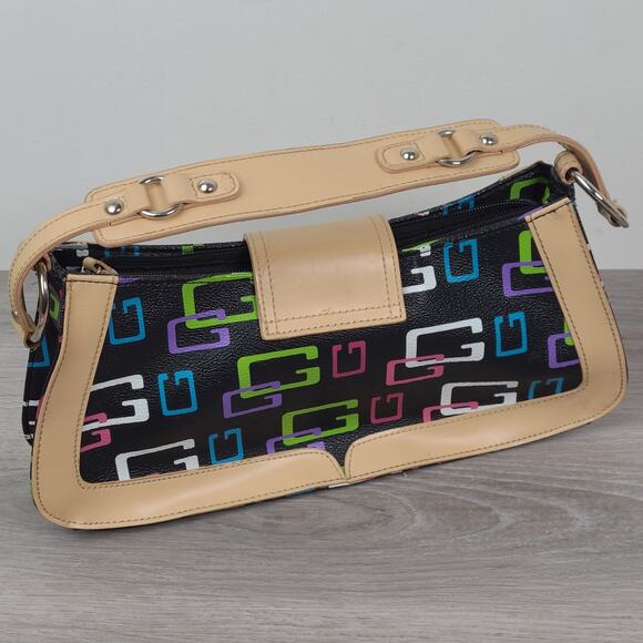 Guess Baguette Shoulder Bag Multicolor G Logo Black Tan Trim Y2K - Picture 2 of 5
